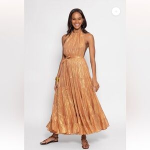 NWT Sundress Sophie Revolve Shiny Metallic Halter Maxi Resort DRESS in SAND Gold